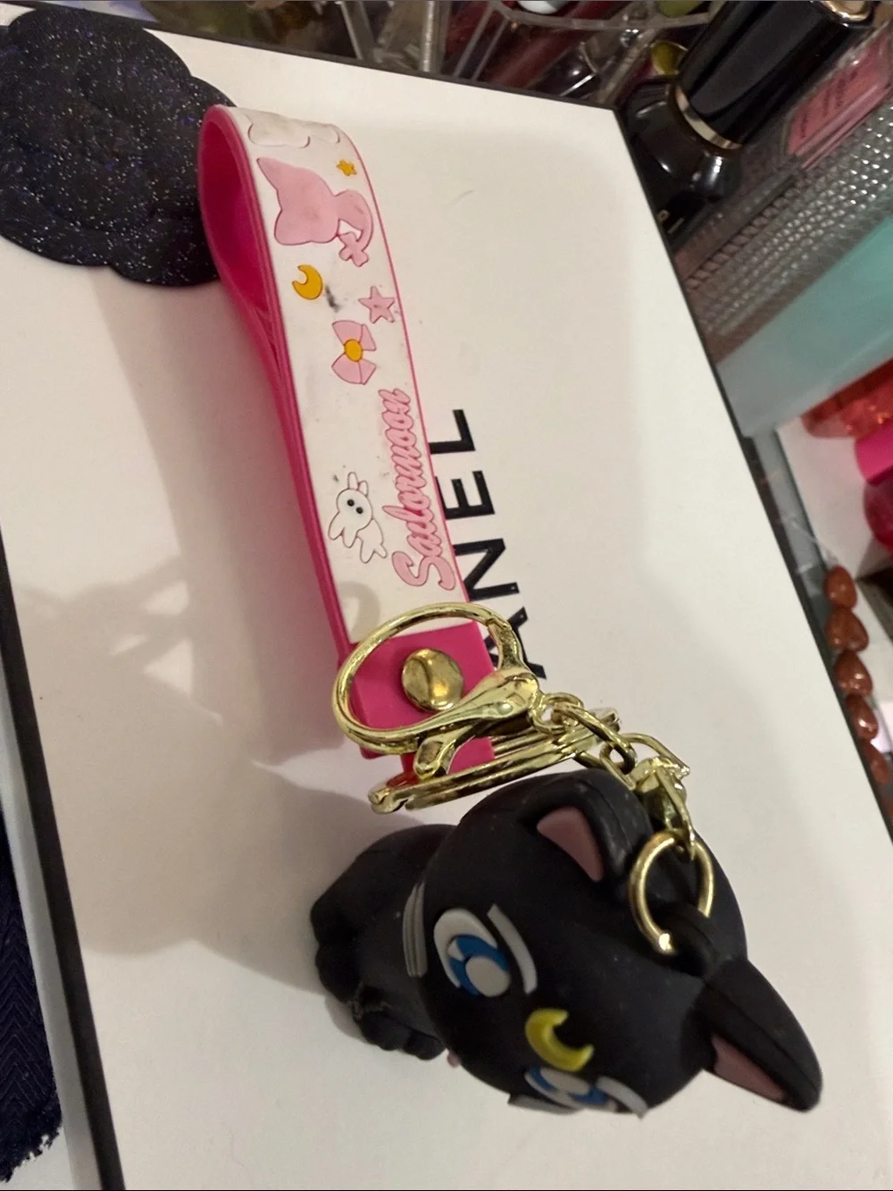 Black Cat Keychain Charm with Blue Eyes and Yellow Crescent